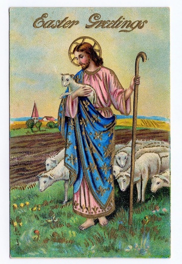 Vintage Easter Greeting Jesus with lamb and sheep